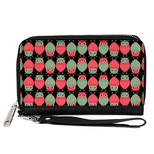 PU Zip Around Wallet Rectangle - Owls Flip Black/Mauve/Sage