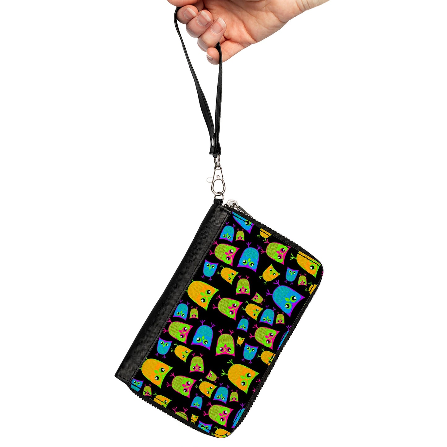 PU Zip Around Wallet Rectangle - Owls Black/Multi Neon