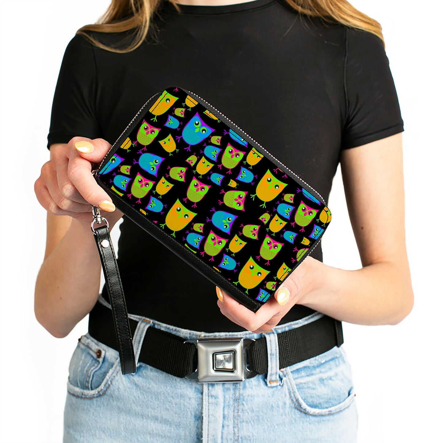 PU Zip Around Wallet Rectangle - Owls Black/Multi Neon