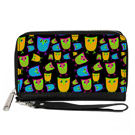 PU Zip Around Wallet Rectangle - Owls Black/Multi Neon