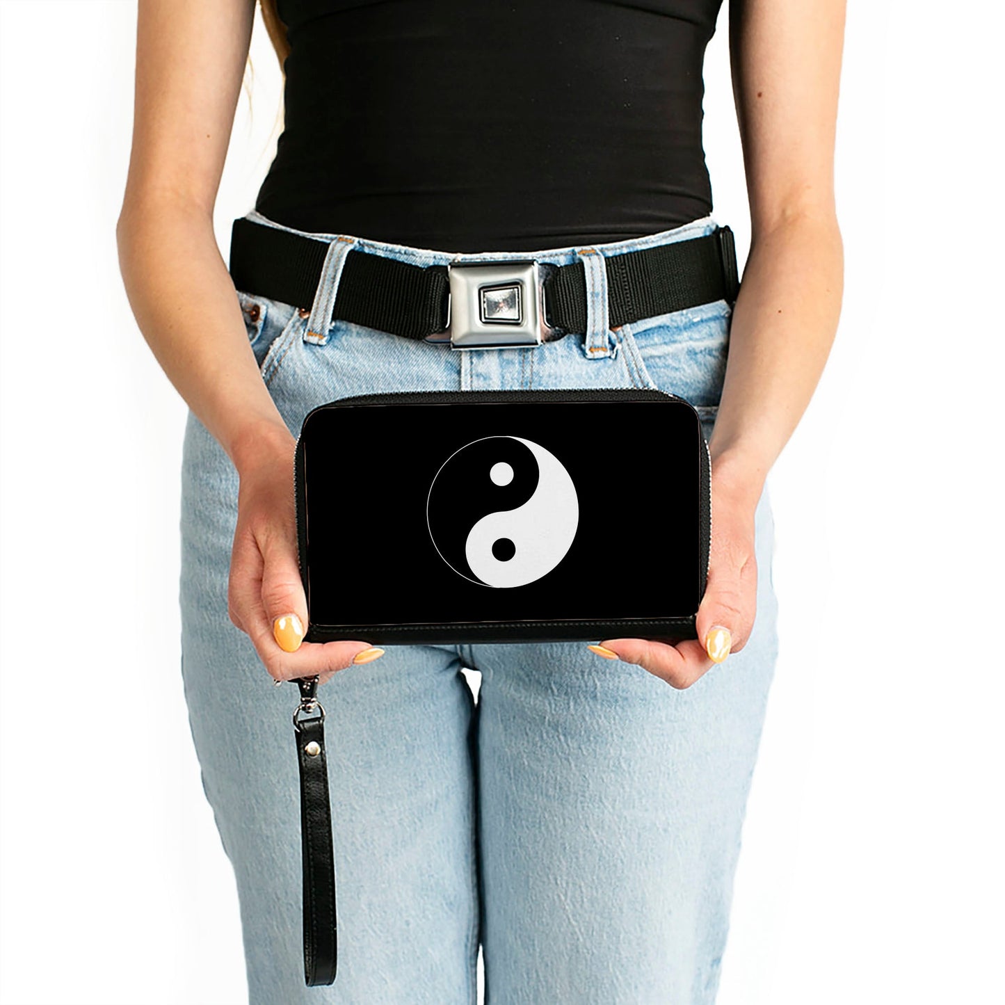 PU Zip Around Wallet Rectangle - Yin Yang Symbol Black/White