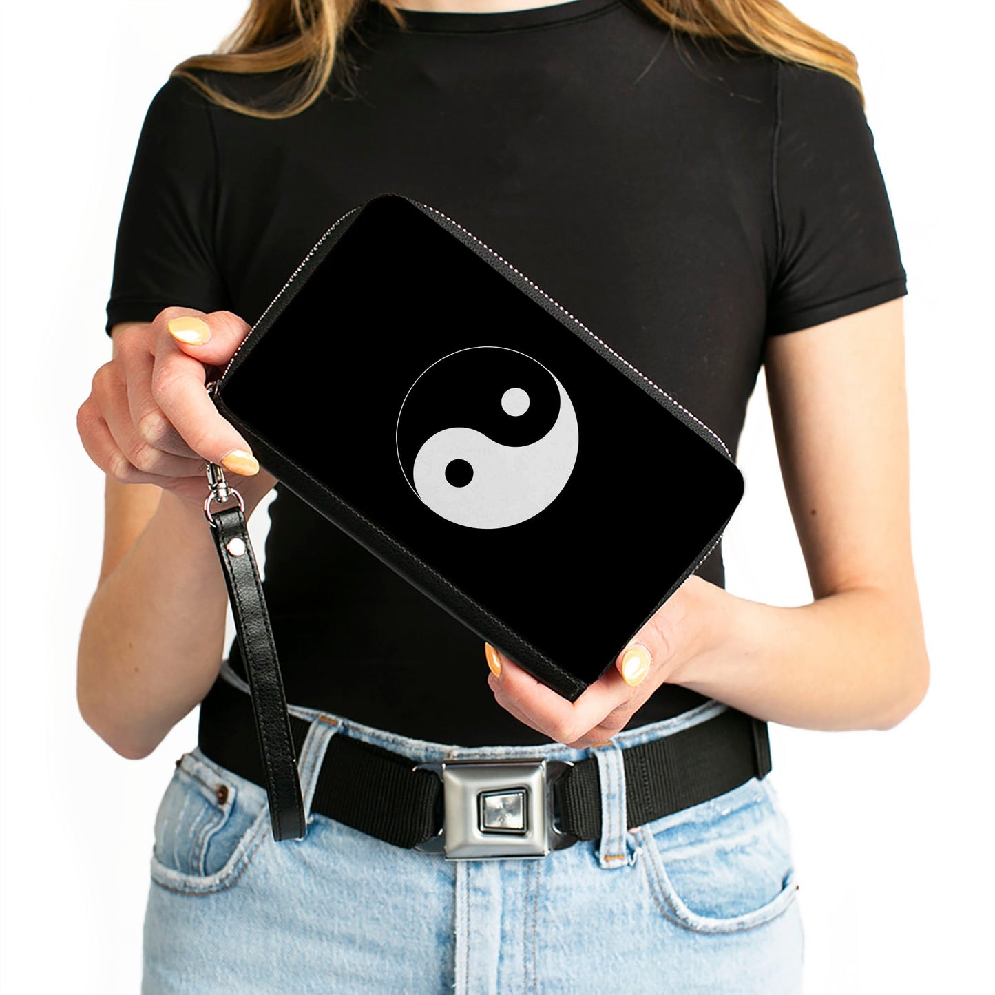 PU Zip Around Wallet Rectangle - Yin Yang Symbol Black/White