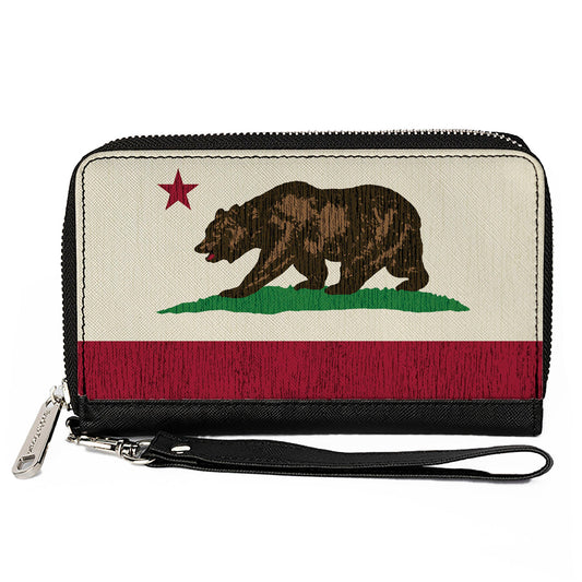 PU Zip Around Wallet Rectangle - California Flag Bear Weathered White