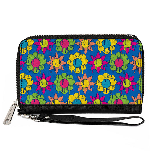 PU Zip Around Wallet Rectangle - Funky Flower Drip Blue/Multi Color