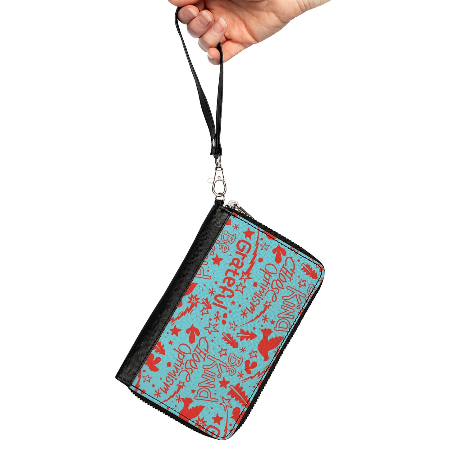 PU Zip Around Wallet Rectangle - GRATEFUL OPTIMISM BE KIND Icons Collage Blue/Red