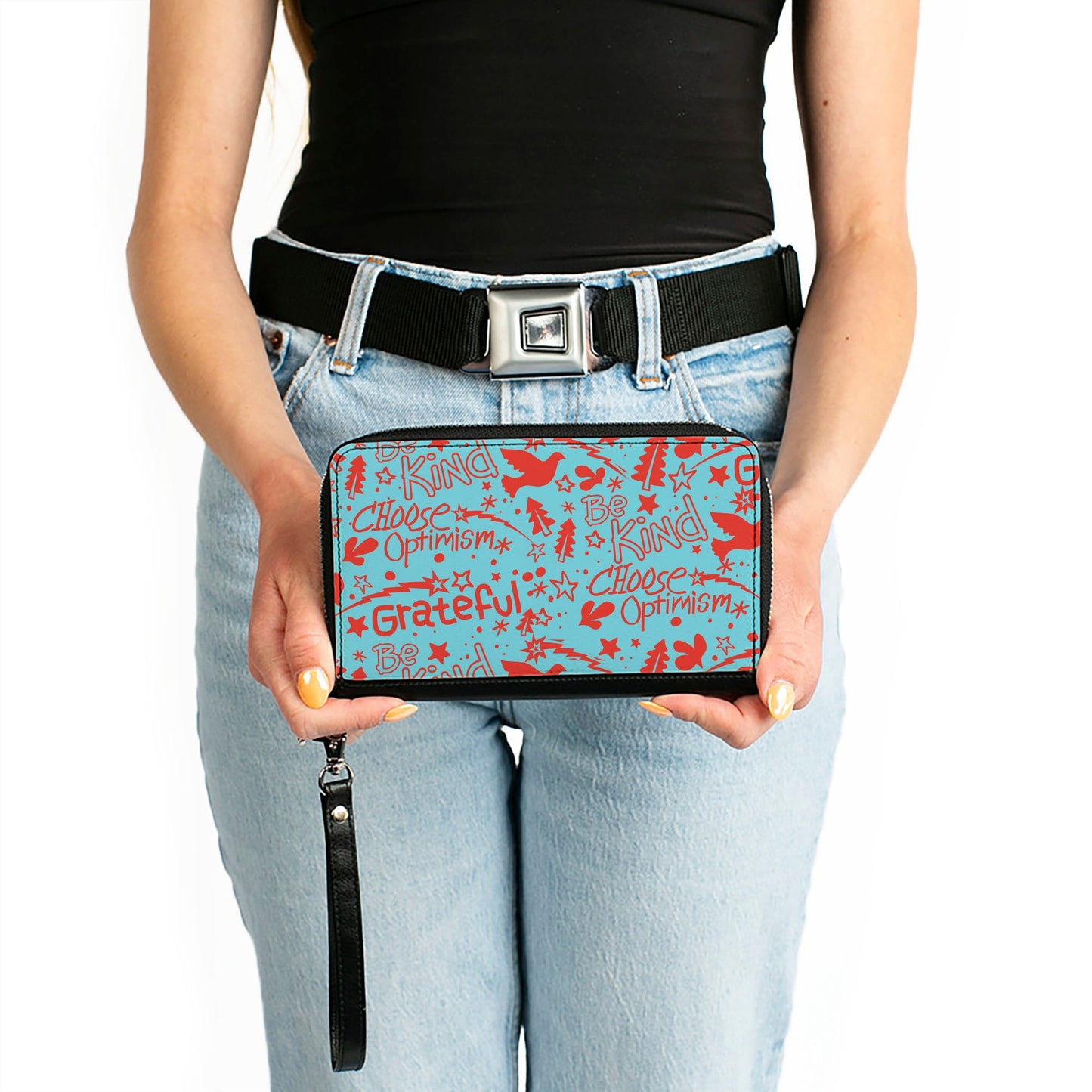 PU Zip Around Wallet Rectangle - GRATEFUL OPTIMISM BE KIND Icons Collage Blue/Red