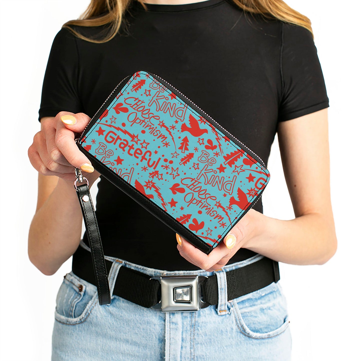 PU Zip Around Wallet Rectangle - GRATEFUL OPTIMISM BE KIND Icons Collage Blue/Red