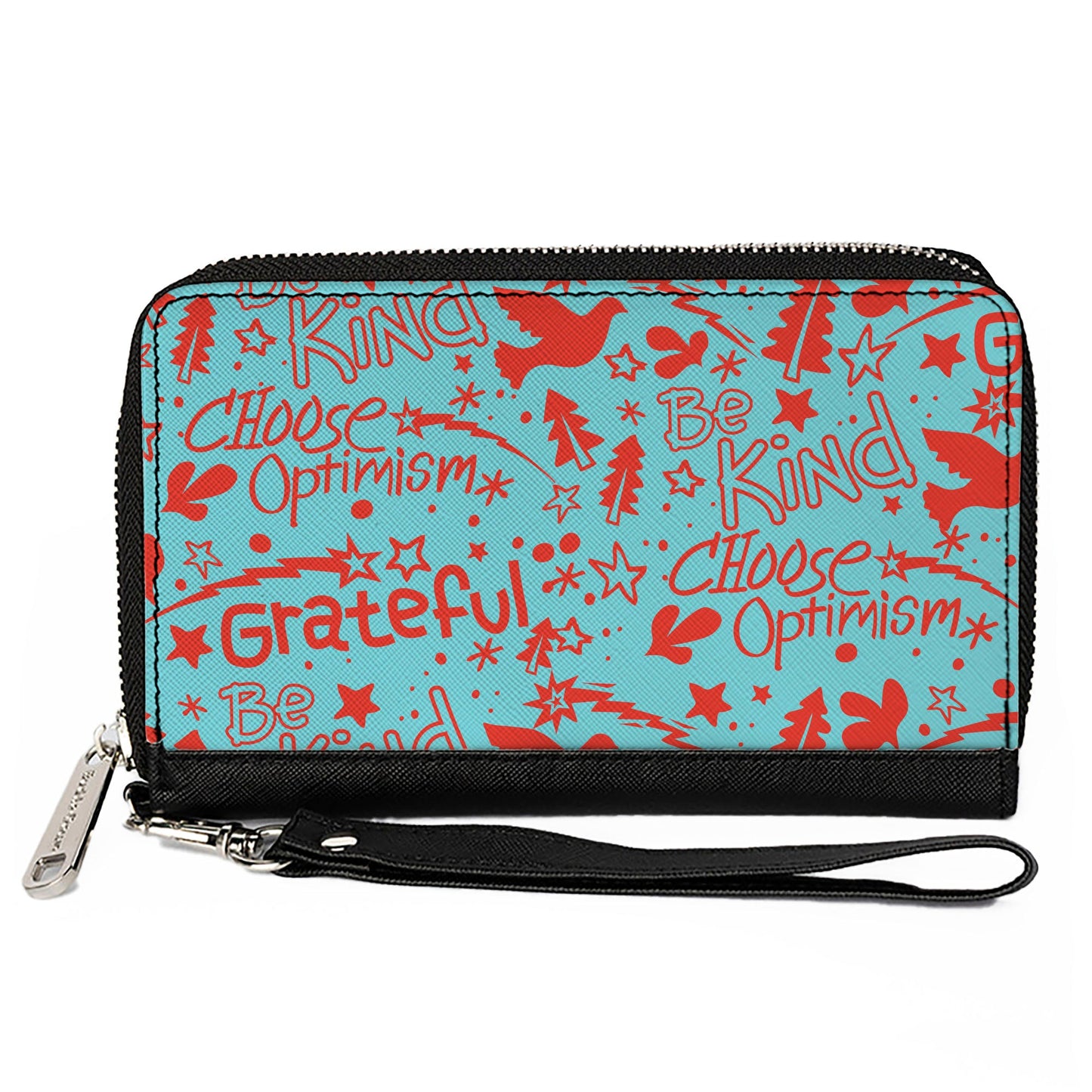 PU Zip Around Wallet Rectangle - GRATEFUL OPTIMISM BE KIND Icons Collage Blue/Red