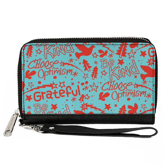 PU Zip Around Wallet Rectangle - GRATEFUL OPTIMISM BE KIND Icons Collage Blue/Red