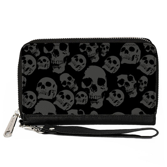 PU Zip Around Wallet Rectangle - Skulls Stacked Weathered Black/Gray