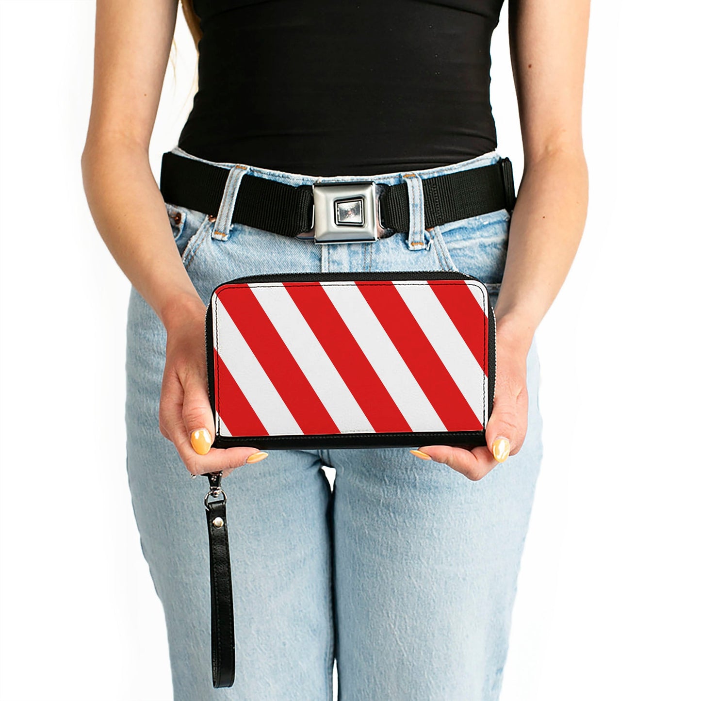 Women's PU Zip Around Wallet Rectangle - Candy Cane2 Stripe White Red