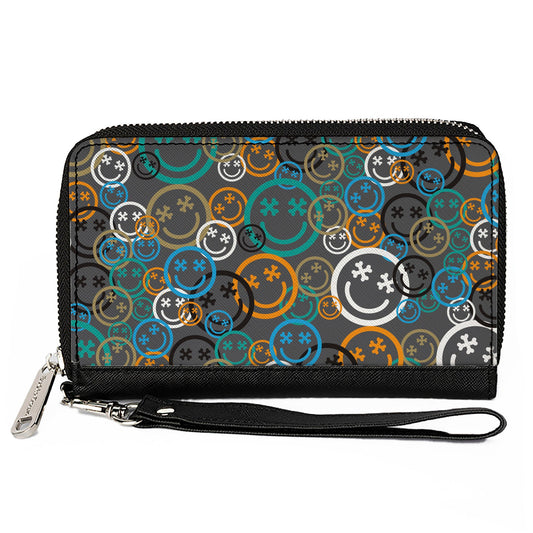 PU Zip Around Wallet Rectangle - Smiley Face Crossbones Stacked Gray/Multi Color