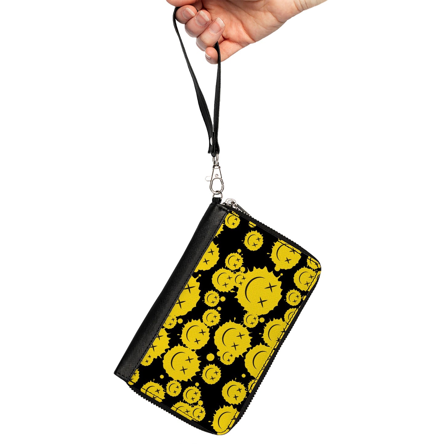 PU Zip Around Wallet Rectangle - Smiley Face Splatter Scattered Black/Yellow