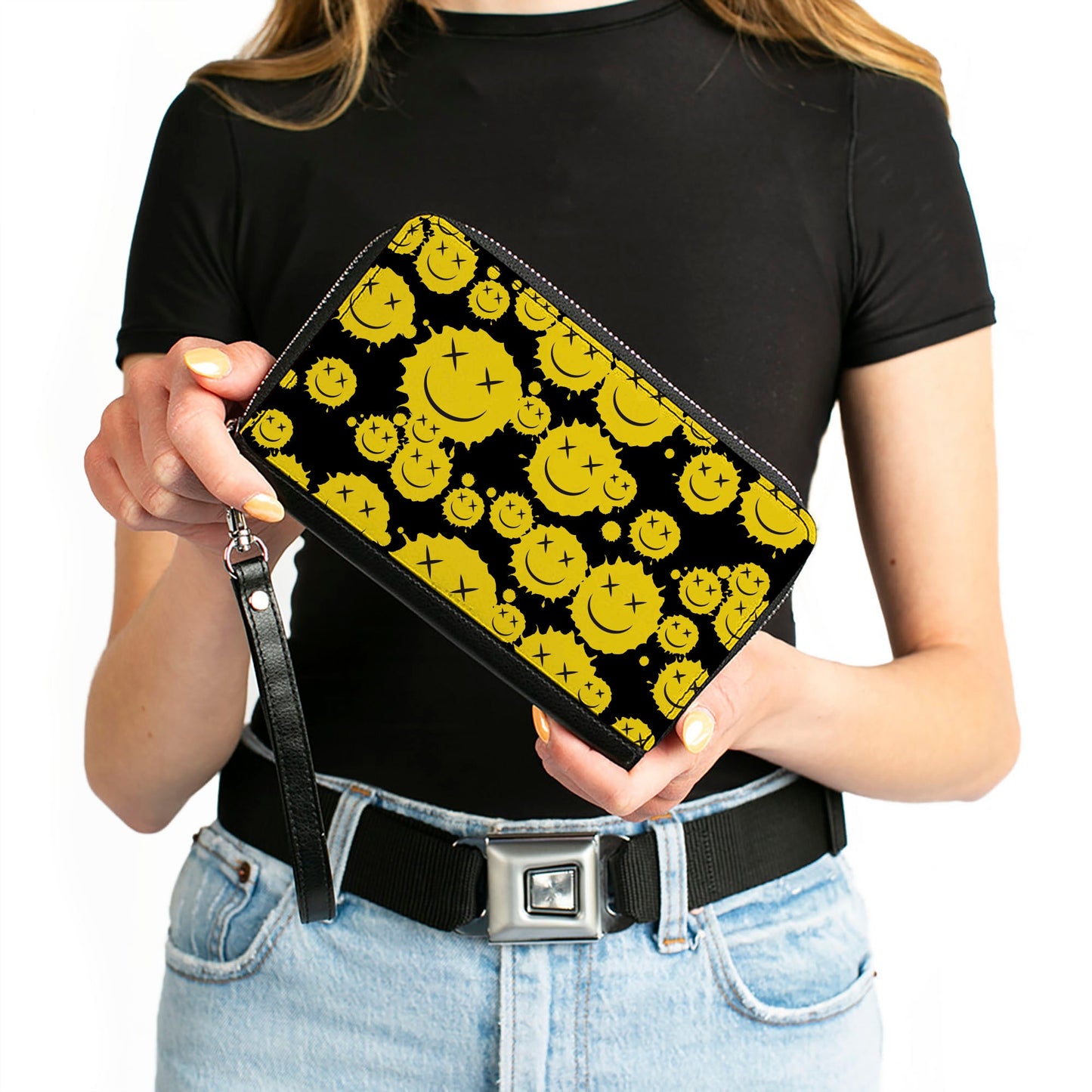 PU Zip Around Wallet Rectangle - Smiley Face Splatter Scattered Black/Yellow
