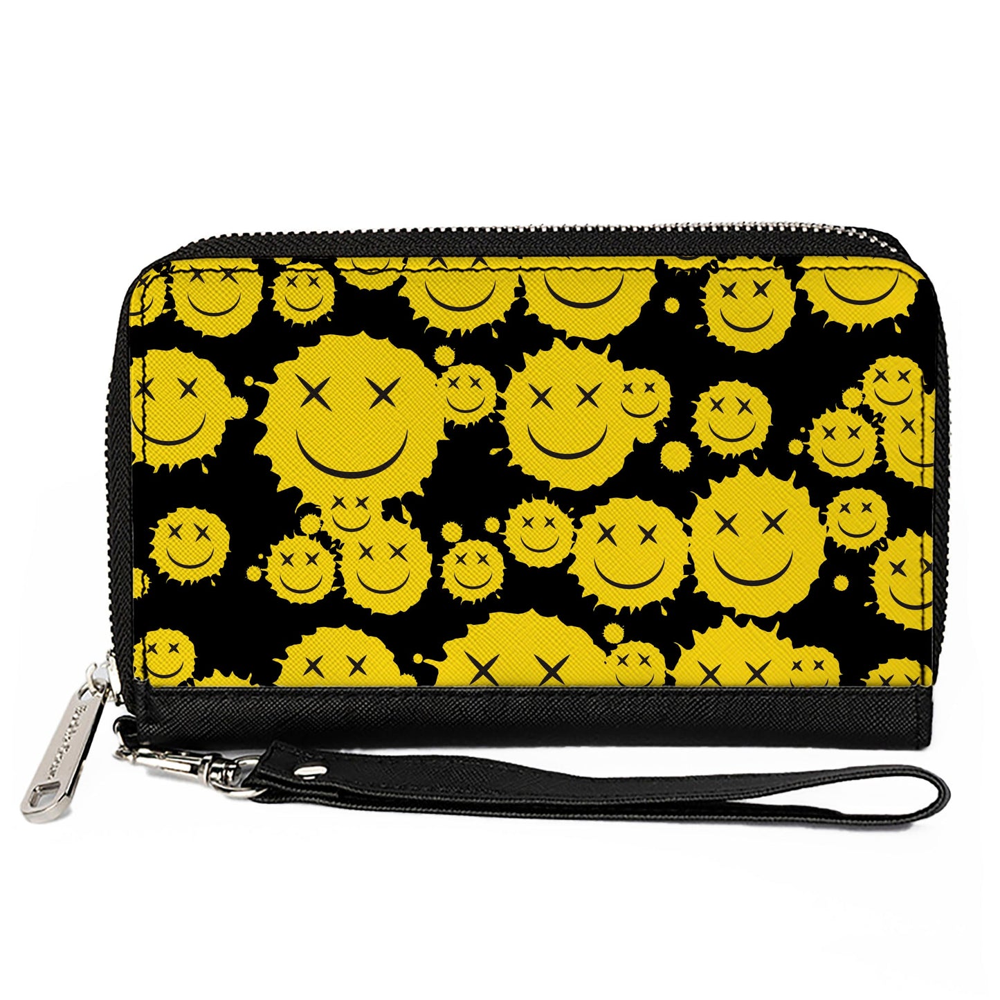 PU Zip Around Wallet Rectangle - Smiley Face Splatter Scattered Black/Yellow