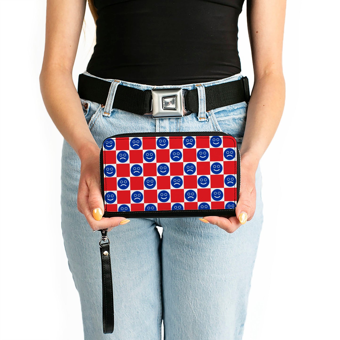 PU Zip Around Wallet Rectangle - Smiley Sad Face Checker Red/White/Blue