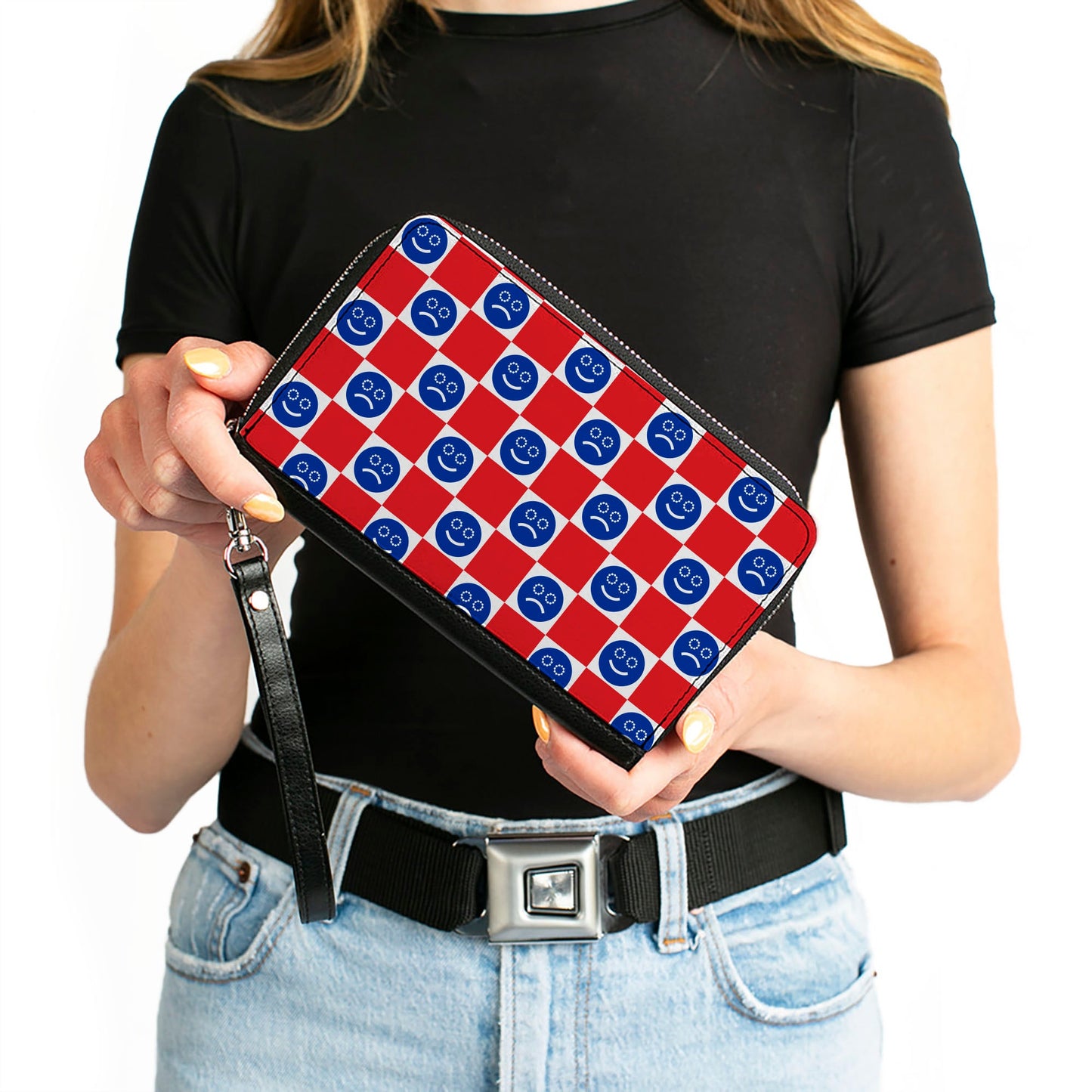PU Zip Around Wallet Rectangle - Smiley Sad Face Checker Red/White/Blue