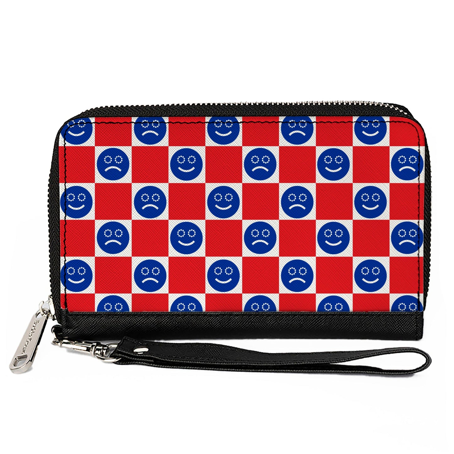 PU Zip Around Wallet Rectangle - Smiley Sad Face Checker Red/White/Blue