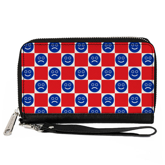 PU Zip Around Wallet Rectangle - Smiley Sad Face Checker Red/White/Blue