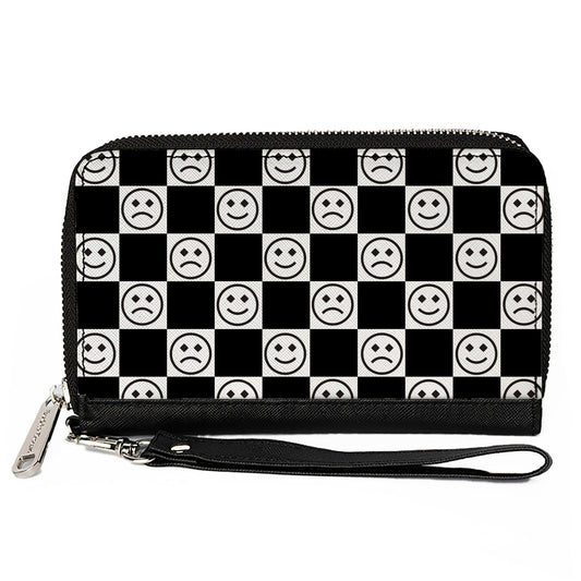 PU Zip Around Wallet Rectangle - Smiley Sad Face Checker Black/White