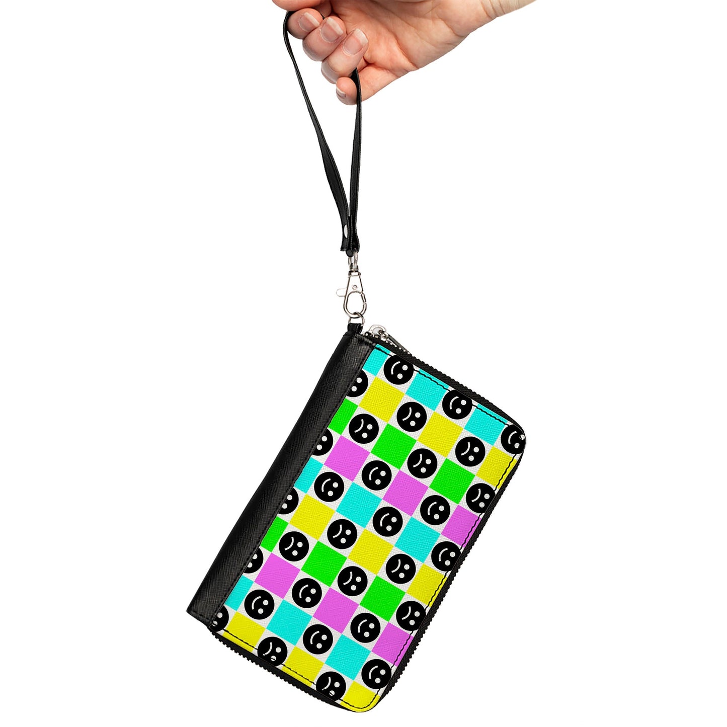 PU Zip Around Wallet Rectangle - Smiley Sad Face Checker Multi Color/White