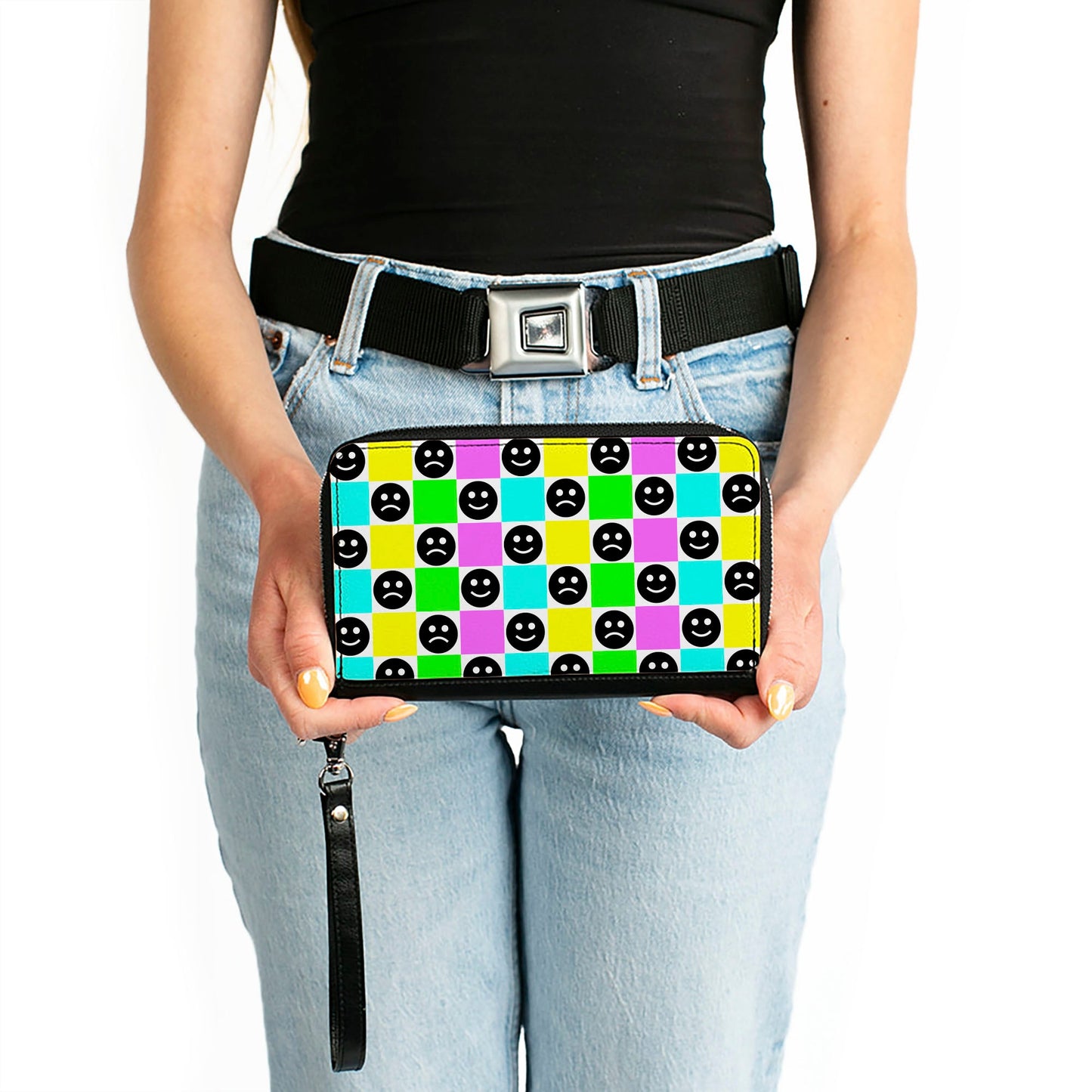 PU Zip Around Wallet Rectangle - Smiley Sad Face Checker Multi Color/White