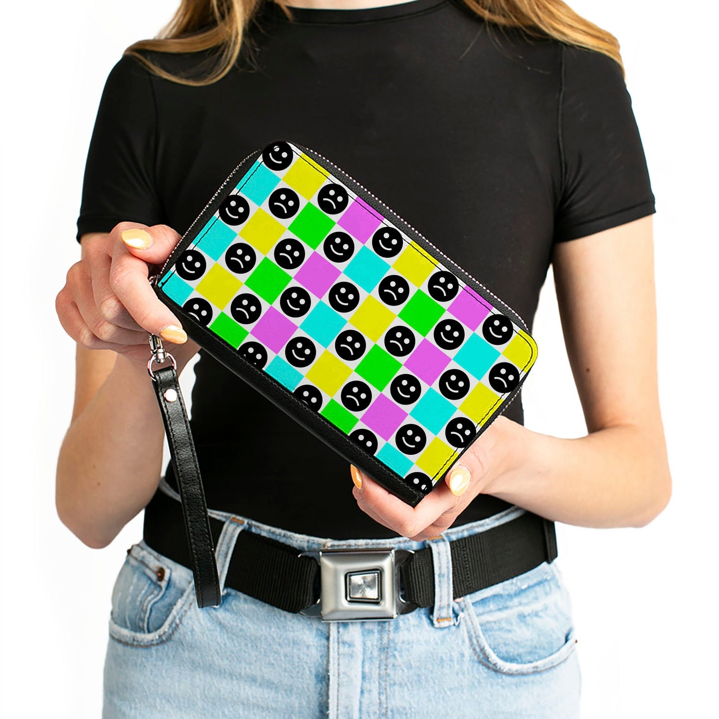 PU Zip Around Wallet Rectangle - Smiley Sad Face Checker Multi Color/White