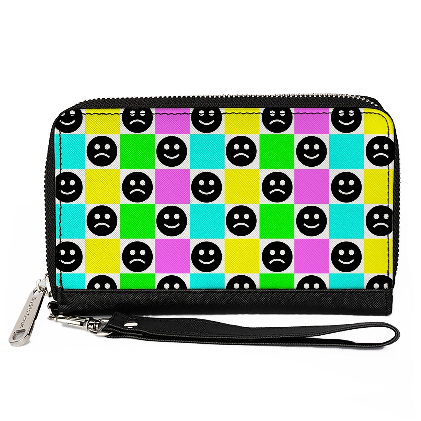 PU Zip Around Wallet Rectangle - Smiley Sad Face Checker Multi Color/White