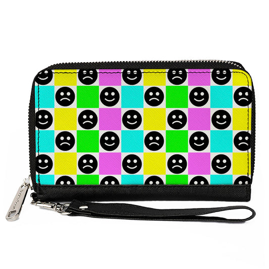 PU Zip Around Wallet Rectangle - Smiley Sad Face Checker Multi Color/White