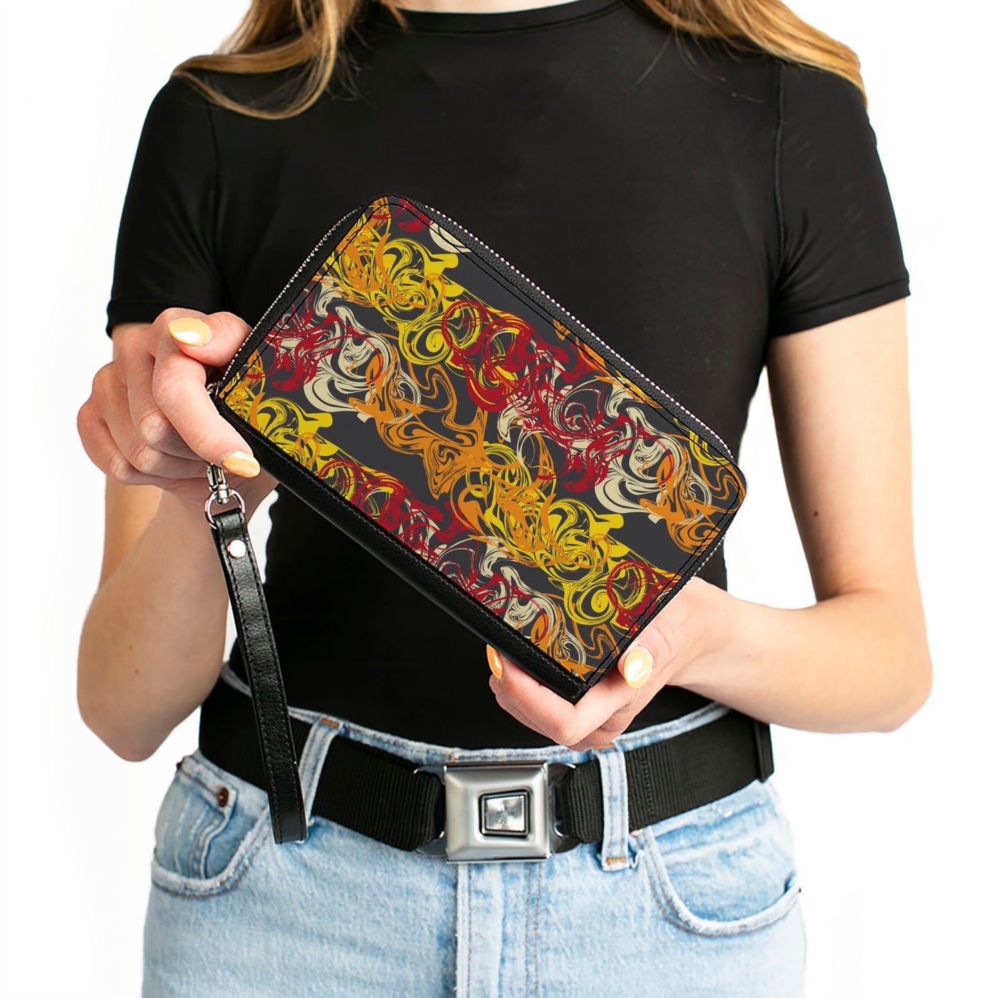PU Zip Around Wallet Rectangle - Swirl Mix Gray/Multi Color