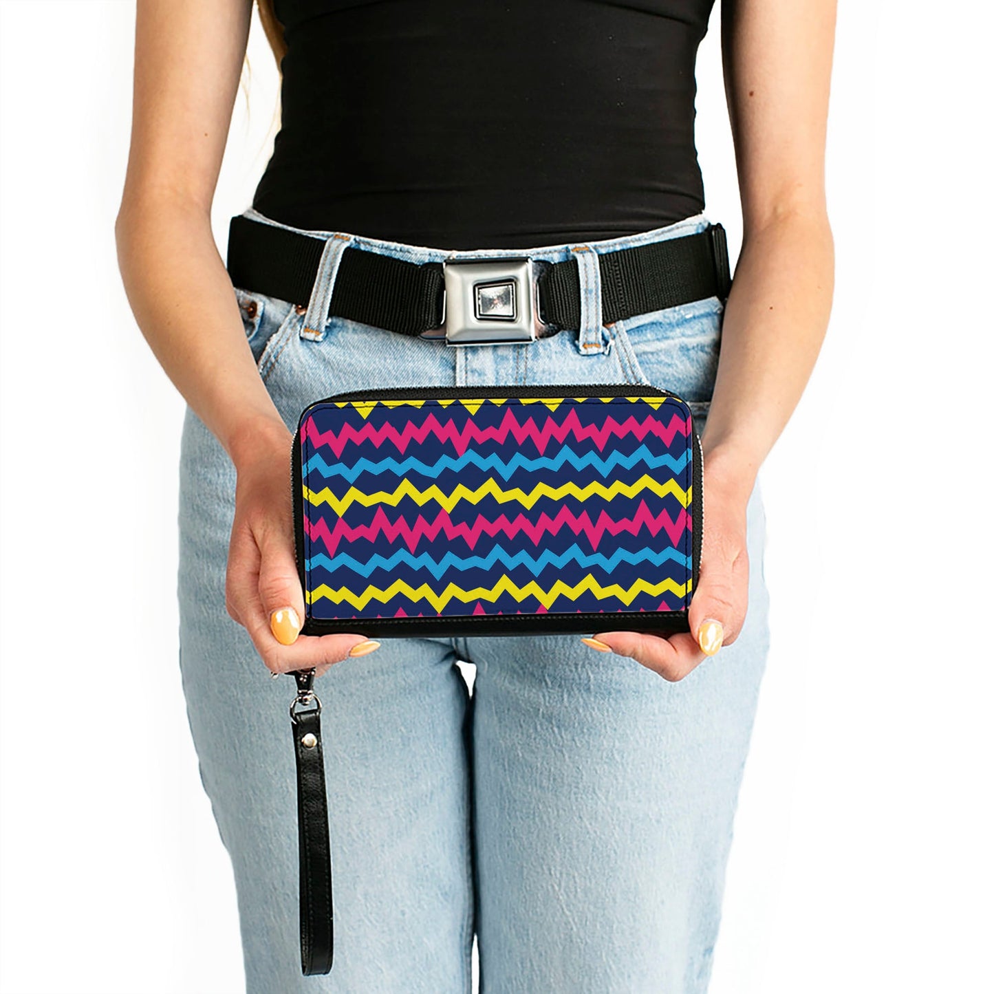 PU Zip Around Wallet Rectangle - Scribble Zig Zag Stripe Navy/Multi Color