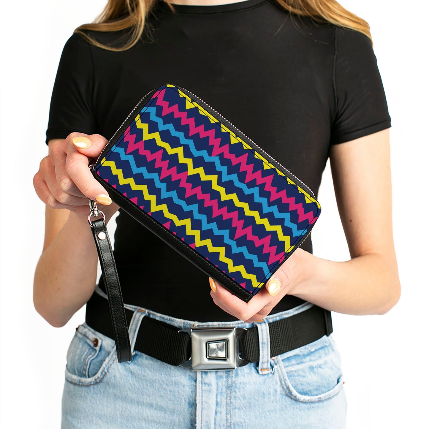 PU Zip Around Wallet Rectangle - Scribble Zig Zag Stripe Navy/Multi Color