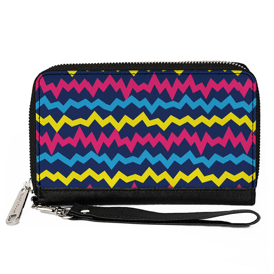 PU Zip Around Wallet Rectangle - Scribble Zig Zag Stripe Navy/Multi Color