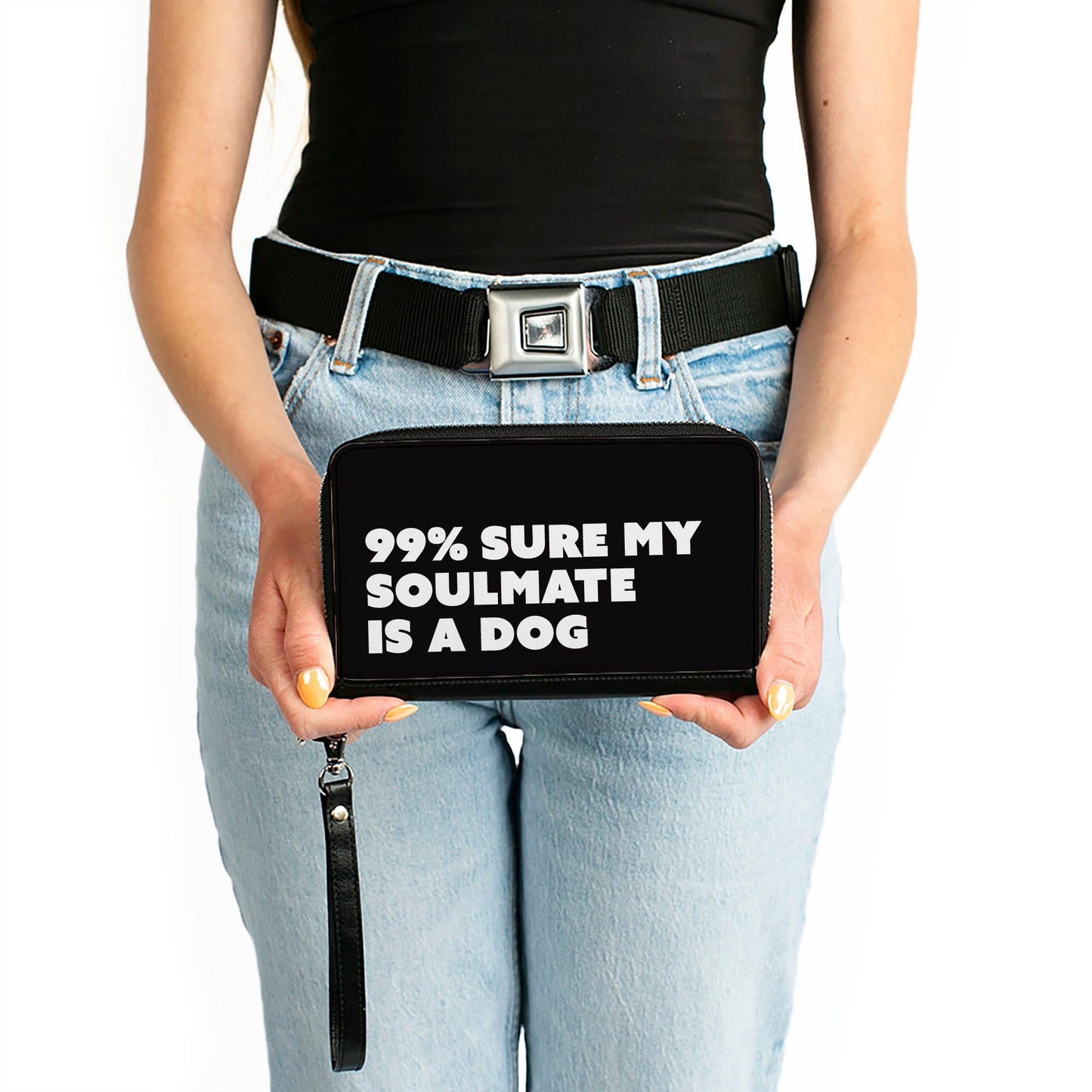 Women's PU Zip Around Wallet Rectangle - 99% SURE MY SOULMATE IS A DOG Black White