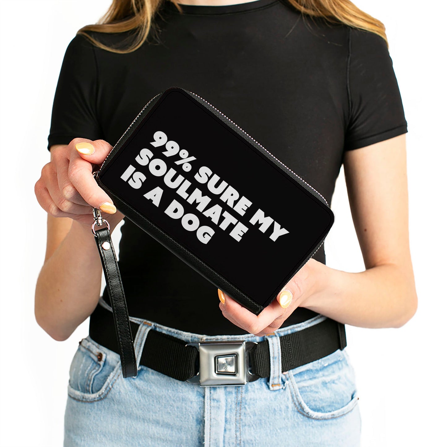 Women's PU Zip Around Wallet Rectangle - 99% SURE MY SOULMATE IS A DOG Black White
