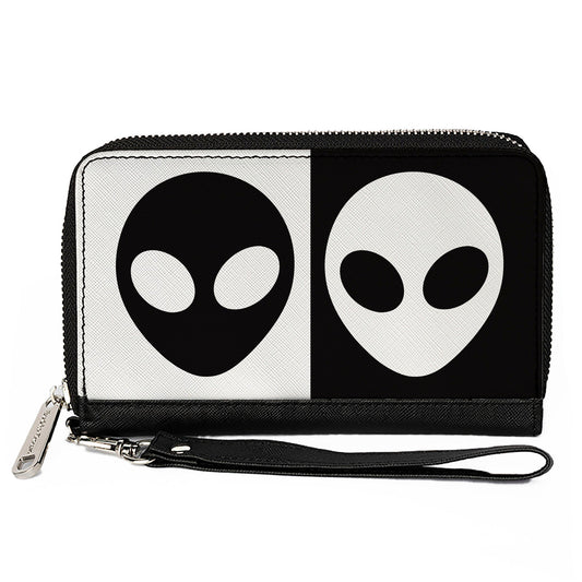 Women's PU Zip Around Wallet Rectangle - Alien Head Blocks Black White
