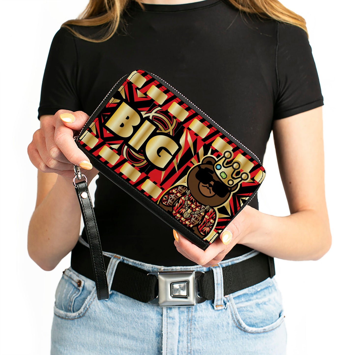 PU Zip Around Wallet Rectangle - Blinged Out BIG Bear Face CLOSE-UP Multi Color