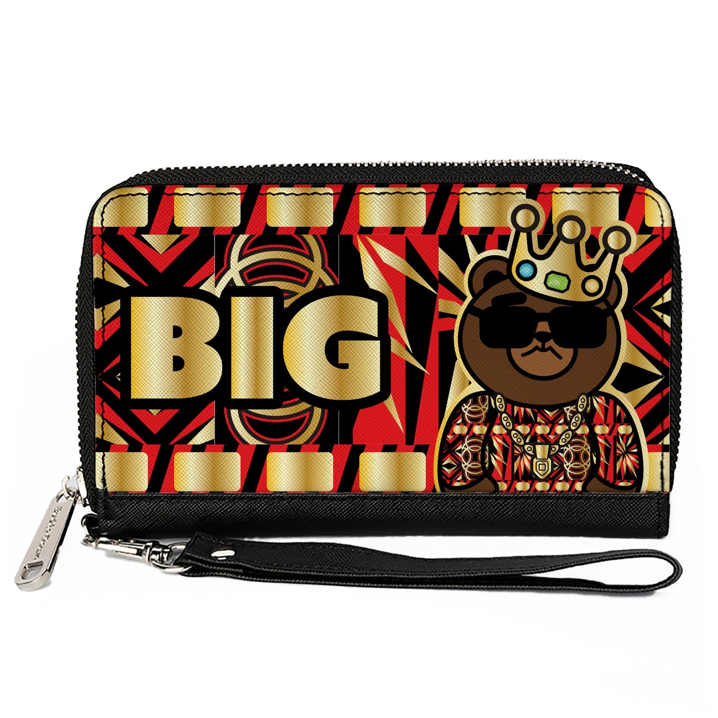PU Zip Around Wallet Rectangle - Blinged Out BIG Bear Face CLOSE-UP Multi Color