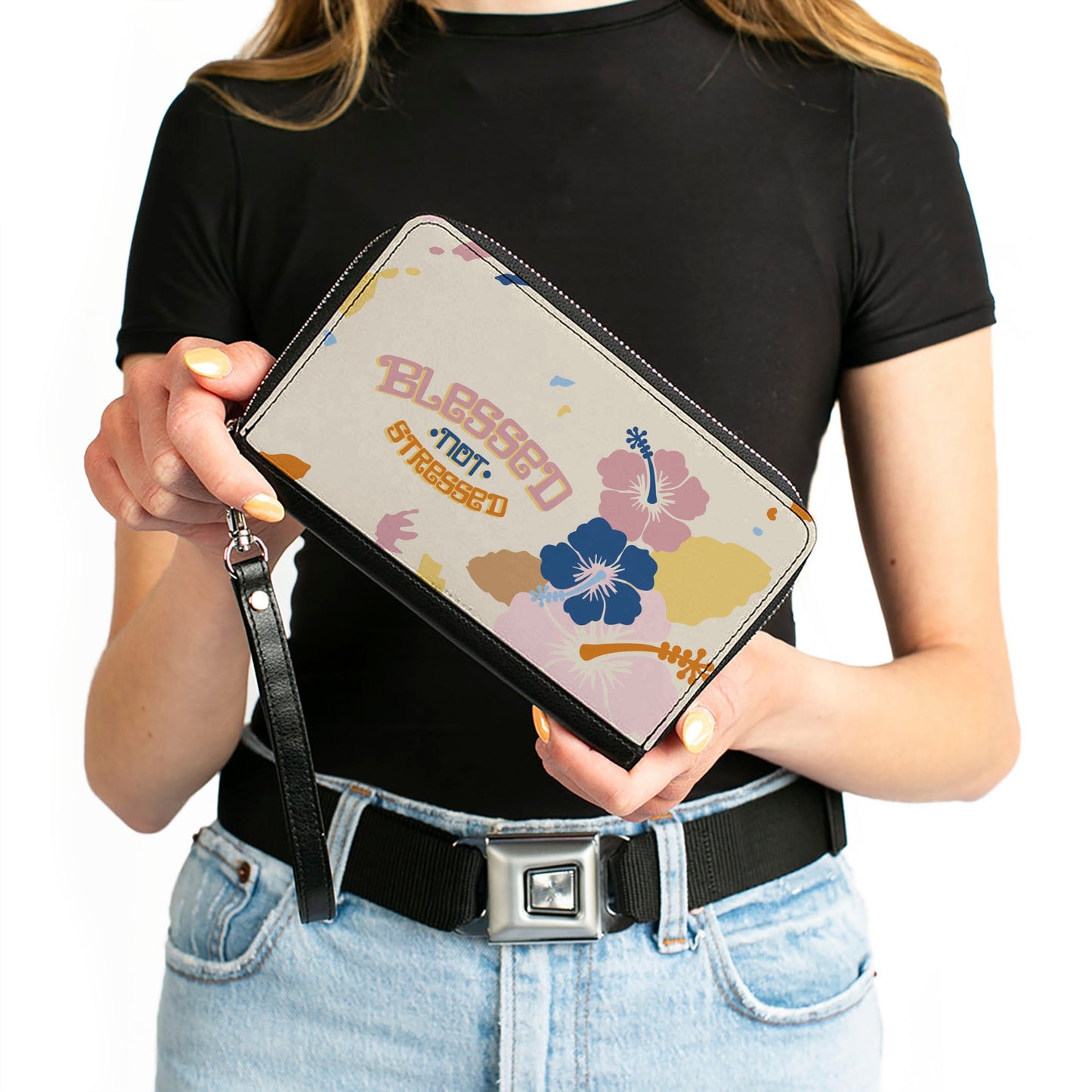 PU Zip Around Wallet Rectangle - BLESSED NOT STRESSED Quote Tropical Flowers Beige Multi Color