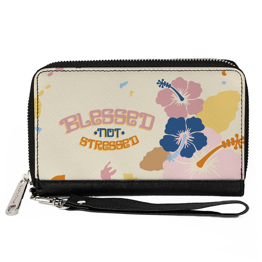 PU Zip Around Wallet Rectangle - BLESSED NOT STRESSED Quote Tropical Flowers Beige Multi Color