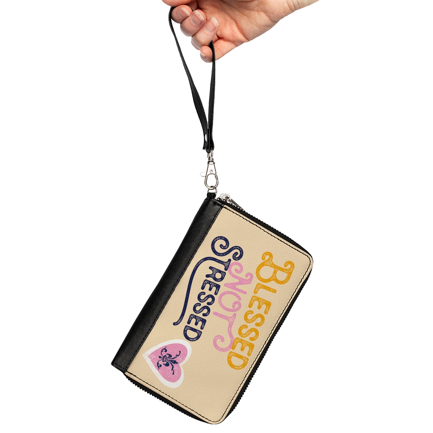 PU Zip Around Wallet Rectangle - BLESSED NOT STRESSED Quote Fleur-de-Lis Beige Multi Color