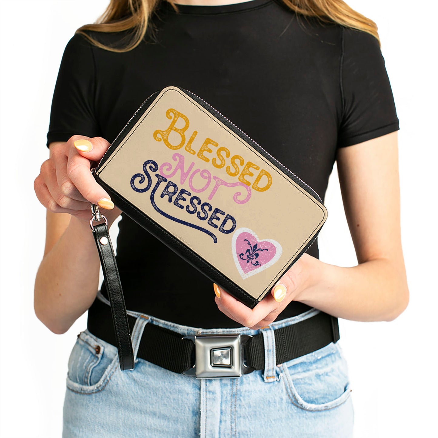 PU Zip Around Wallet Rectangle - BLESSED NOT STRESSED Quote Fleur-de-Lis Beige Multi Color