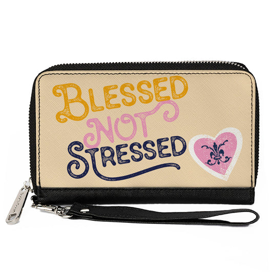 PU Zip Around Wallet Rectangle - BLESSED NOT STRESSED Quote Fleur-de-Lis Beige Multi Color