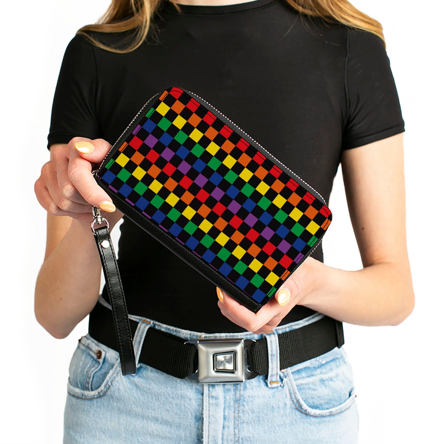 Women's PU Zip Around Wallet Rectangle - Checker Black Rainbow Multi Color