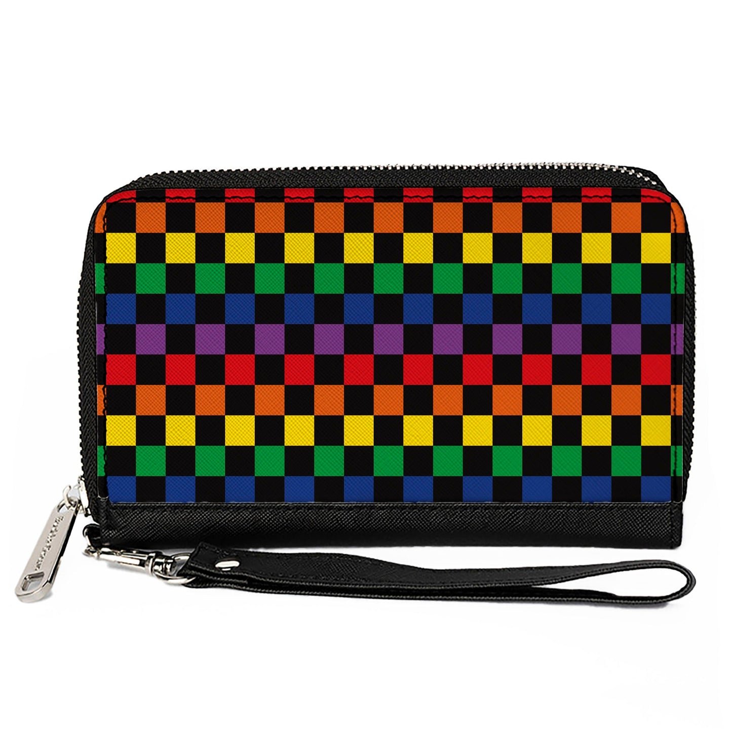 Women's PU Zip Around Wallet Rectangle - Checker Black Rainbow Multi Color