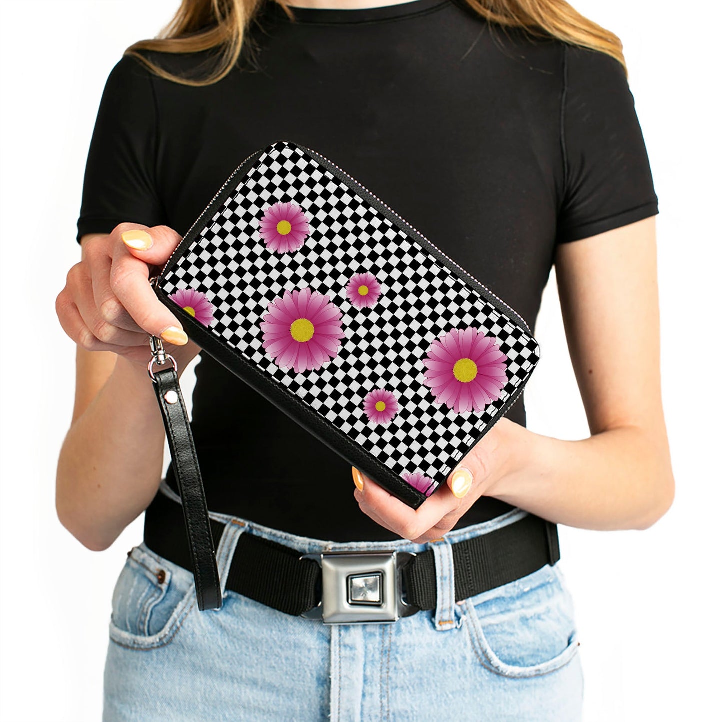 Women's PU Zip Around Wallet Rectangle - Checkers Pink Daisies Black White