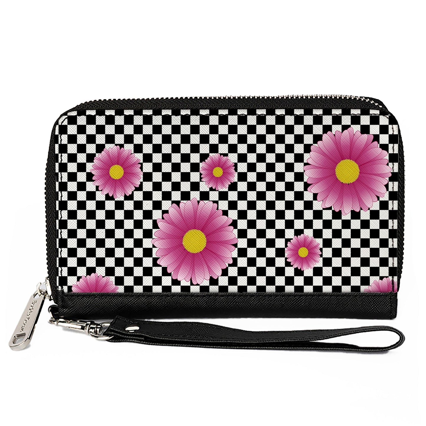 Women's PU Zip Around Wallet Rectangle - Checkers Pink Daisies Black White