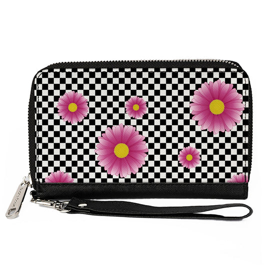 Women's PU Zip Around Wallet Rectangle - Checkers Pink Daisies Black White