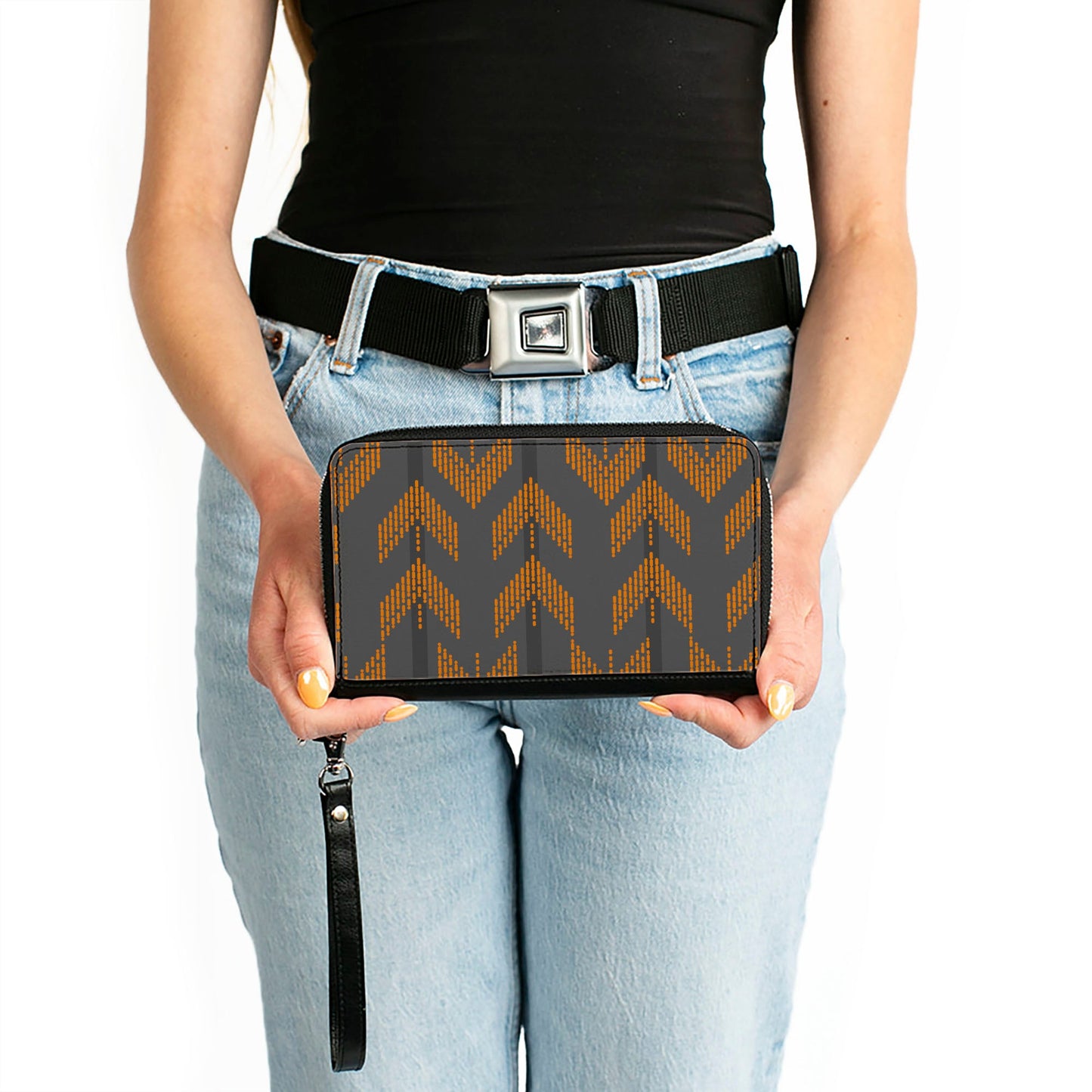 Women's PU Zip Around Wallet Rectangle - Chevron Stripe Grays Orange