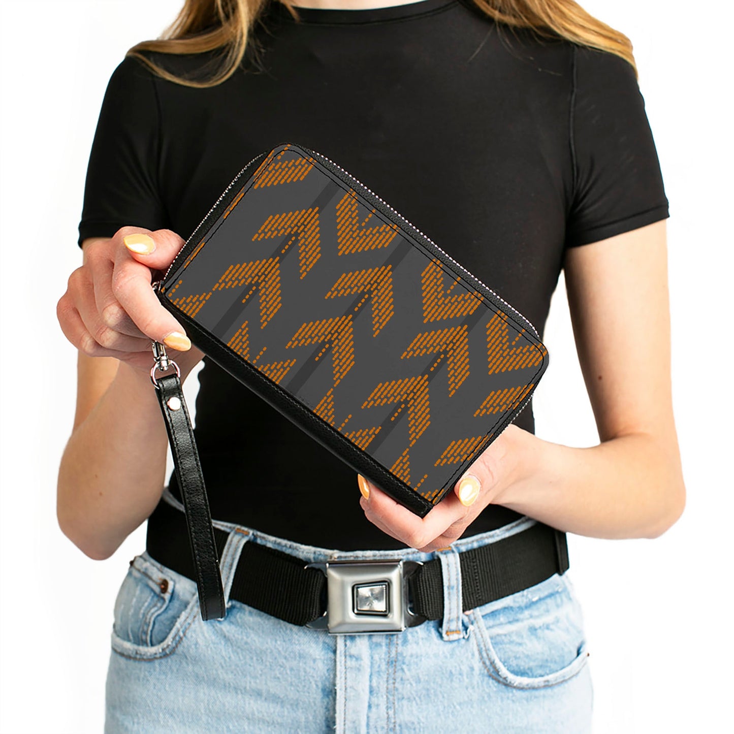 Women's PU Zip Around Wallet Rectangle - Chevron Stripe Grays Orange